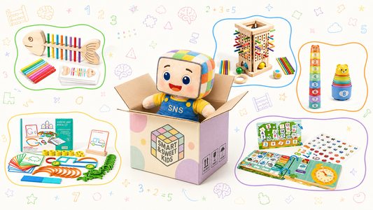 A vibrant and engaging 5-in-1 educational toy set for kids, featuring a variety of learning tools. The set includes a colorful fish bone puzzle for matching colors, a stacking tower for early number recognition, and an interactive Montessori busy book. Perfect for promoting cognitive skills, number learning, and motor development for young children. Designed to inspire learning through play and fun.