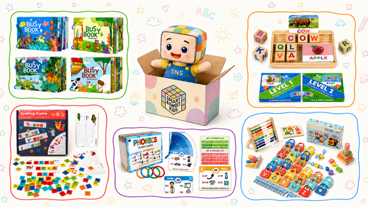 5-in-1 Alphabet & Language Learning Package for Kids – Includes Phonics Flash Cards, Busy Books, Spelling Game, Wooden Blocks, and Number Locks for Early Learning & Literacy Development.