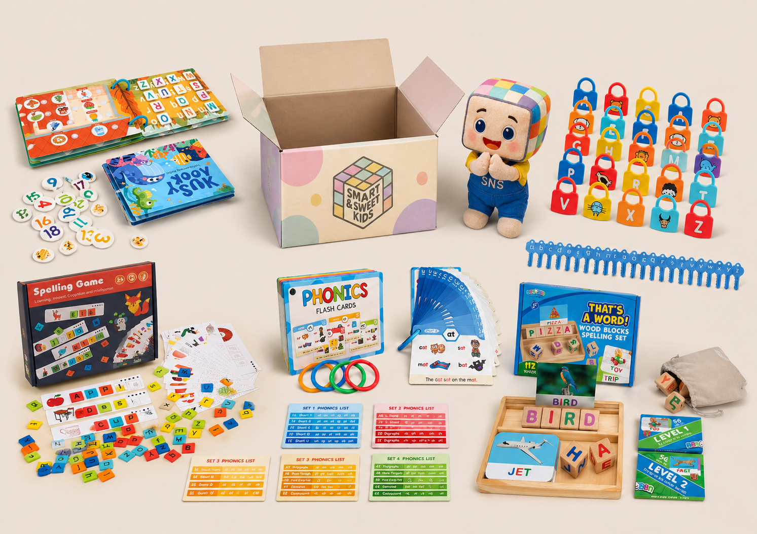 Complete 5-in-1 Alphabet & Language Learning Kit for Kids. Includes engaging learning tools: ABC alphabet locks for letter recognition, colorful spelling game for word-building, phonics flashcards for sound development, "That's A Word" wooden block spelling set, and Busy Books to boost early literacy and math skills. A comprehensive educational bundle designed to enhance kids' cognitive abilities, problem-solving, and language skills in a fun, interactive way. Ideal for children ages 3-6.