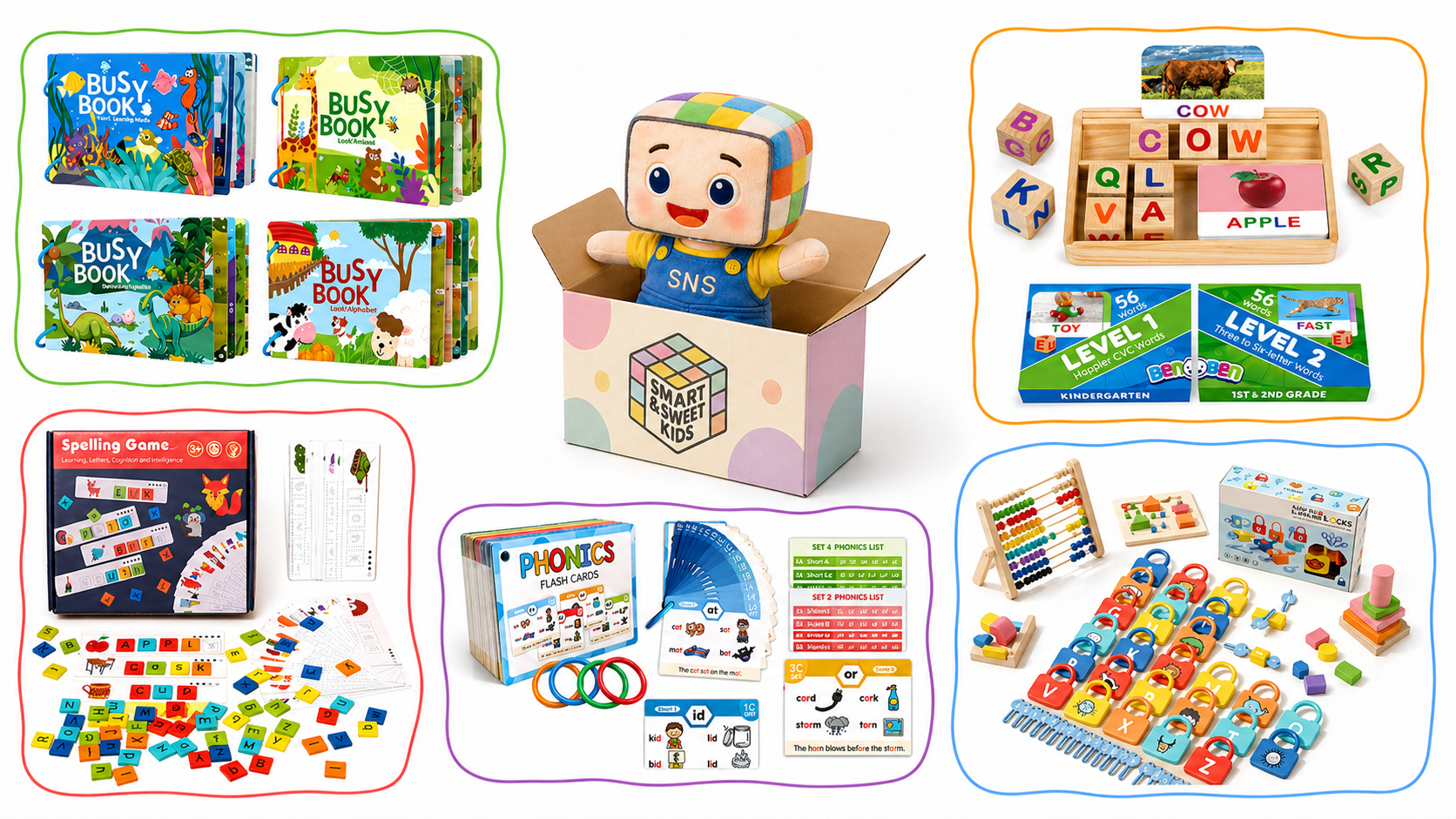 Comprehensive 5-in-1 Alphabet & Language Learning Package for Kids. Includes Busy Books for learning animals, colors, and basic words, a spelling game with colorful letter tiles, phonics flashcards for phoneme recognition, interactive letter block set for word formation, and a multi-use lock & key learning tool for alphabet mastery. Perfect for children aged 3-6 to enhance early literacy and language development in a fun and engaging way.