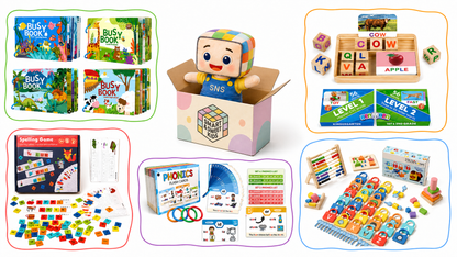 Comprehensive 5-in-1 Alphabet & Language Learning Package for Kids. Includes Busy Books for learning animals, colors, and basic words, a spelling game with colorful letter tiles, phonics flashcards for phoneme recognition, interactive letter block set for word formation, and a multi-use lock & key learning tool for alphabet mastery. Perfect for children aged 3-6 to enhance early literacy and language development in a fun and engaging way.