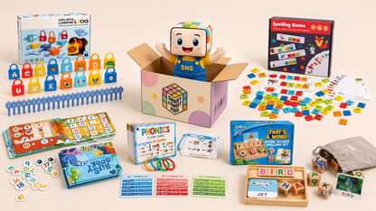 Comprehensive 5-in-1 Alphabet & Language Learning Educational Toy Set for Kids. This all-in-one package includes: interactive lock & key alphabet learning set, spelling game with colorful letter tiles, phonics flashcards for phonemic awareness, "That's a Word" wooden block spelling set, and Busy Books for engaging young learners in early literacy and language development. Ideal for children aged 3-6, promoting essential skills like word formation, letter recognition, and phonics in a fun, hands-on learning 