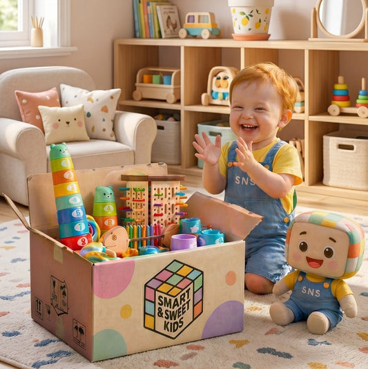 A happy toddler enjoying a 5-in-1 educational toy set from Smart & Sweet Kids. The set includes colorful stacking cups, number and shape recognition toys, and other interactive educational tools designed to enhance cognitive development and motor skills. Perfect for toddlers to learn through play while having fun with engaging, vibrant toys that help develop essential early learning skills.