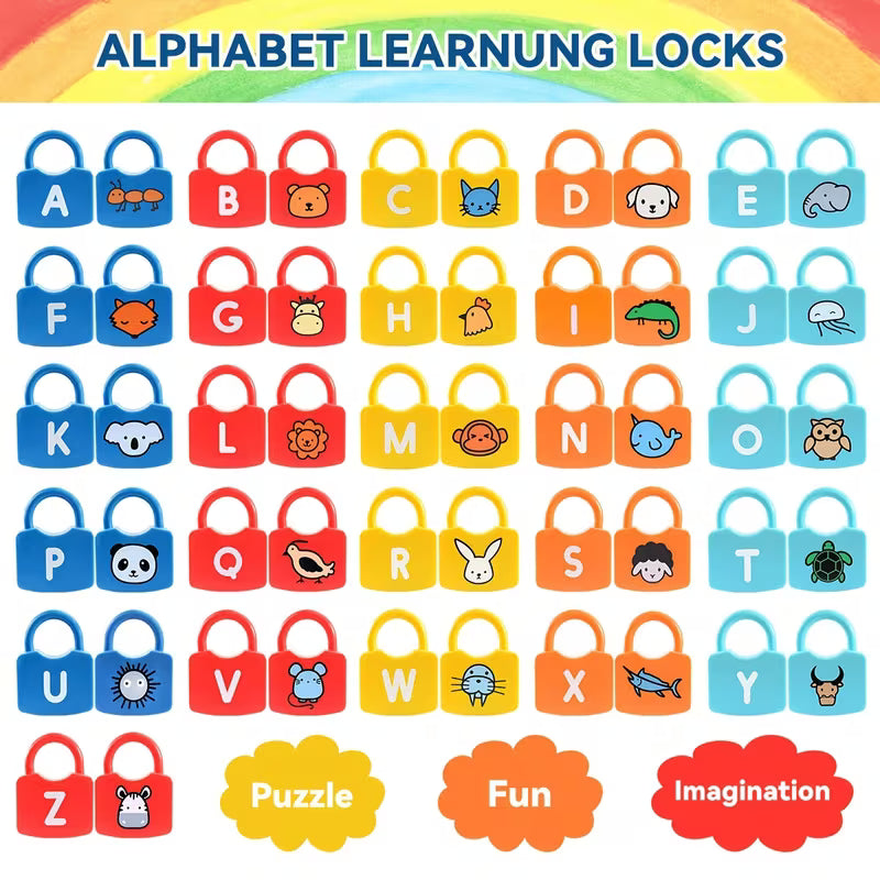 Colorful alphabet lock and key learning set displaying letters A to Z with fun animal illustrations, ideal for educational play and letter recognition.
