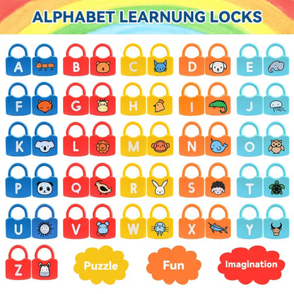 Colorful alphabet lock and key learning set displaying letters A to Z with fun animal illustrations, ideal for educational play and letter recognition.