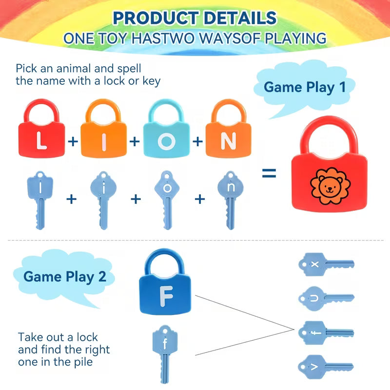 Children playing with a lock and key alphabet set, learning through fun spelling and matching games to enhance letter recognition and motor skills.