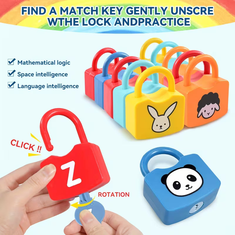 Child matching key to lock while practicing letter recognition with the colorful Alphabet Lock & Key Learning Toy set, designed to enhance motor and cognitive skills