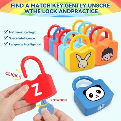 Child matching key to lock while practicing letter recognition with the colorful Alphabet Lock & Key Learning Toy set, designed to enhance motor and cognitive skills