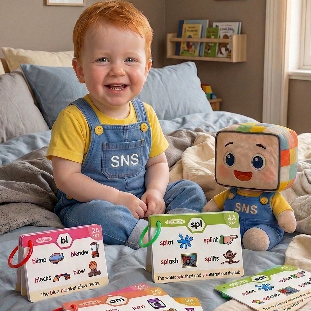 A child smiling while holding phonics flashcards with words such as "blimp" and "splint," with a colorful toy beside them, sitting on a bed.