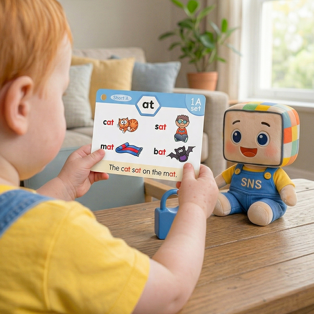A child holding a phonics flashcard showing words with the "at" sound, with a colorful toy beside them.