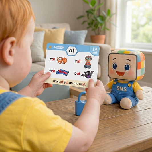 A child holding a phonics flashcard showing words with the "at" sound, with a colorful toy beside them.