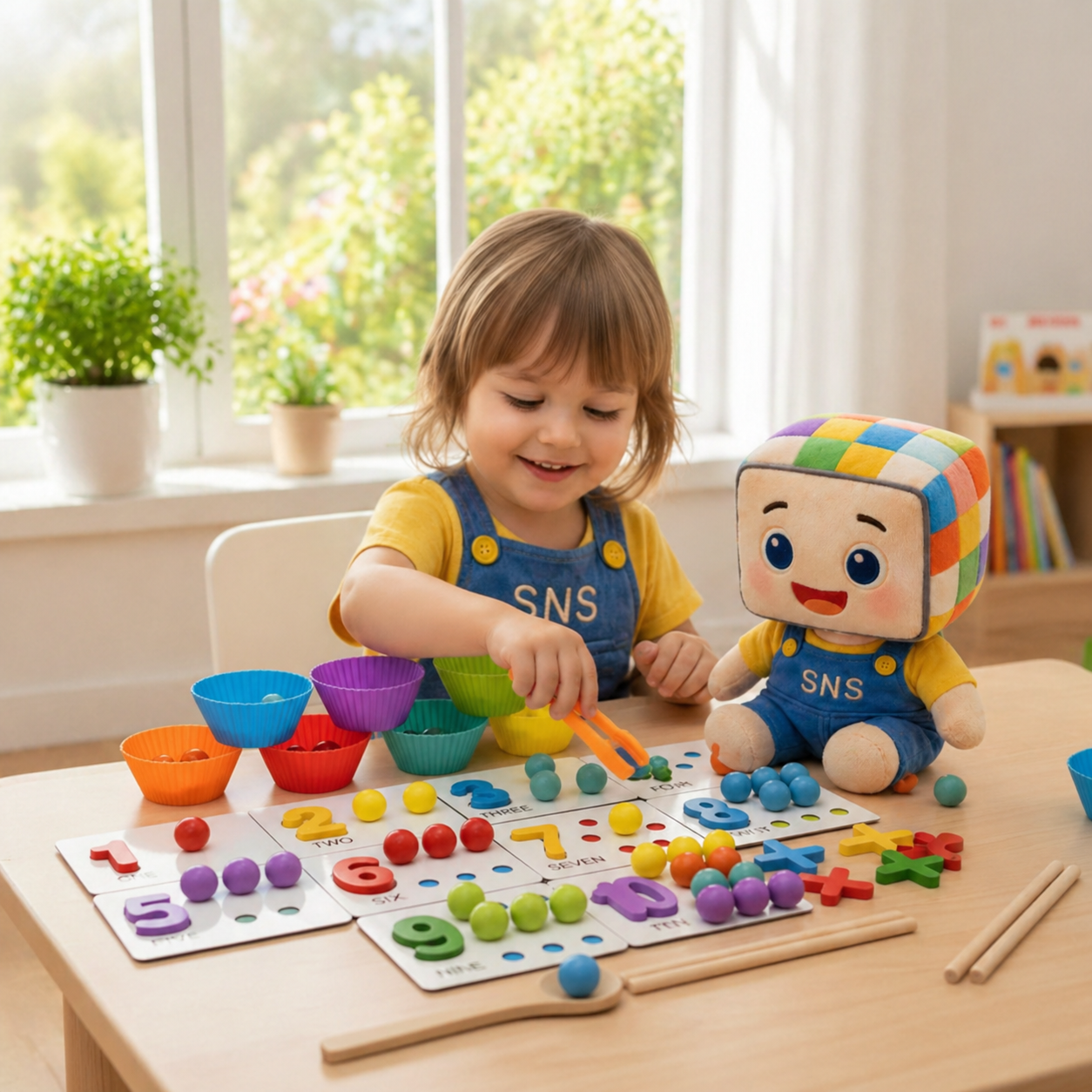 A child engaging with a colorful math counting game using beads and number cards for early learning. This educational toy helps develop counting, color recognition, and fine motor skills in toddlers and preschoolers. Ideal for interactive, hands-on learning experiences at home or in a classroom setting.