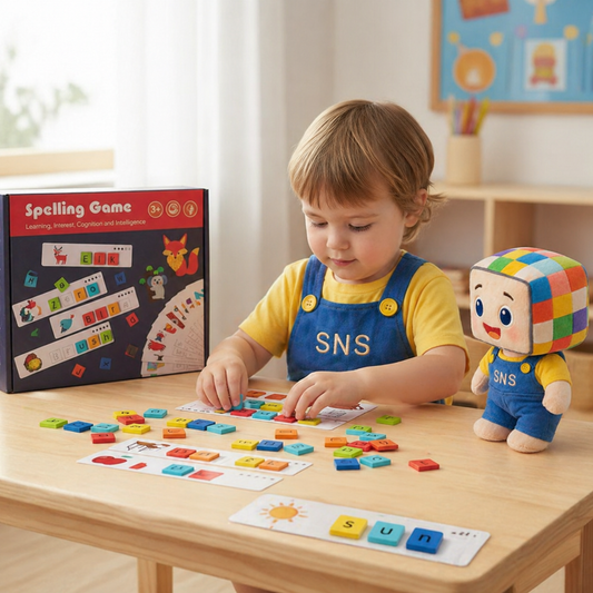 A child engaged in a spelling game, matching colorful letter tiles to form words like "sun," enhancing their early learning and cognitive skills.