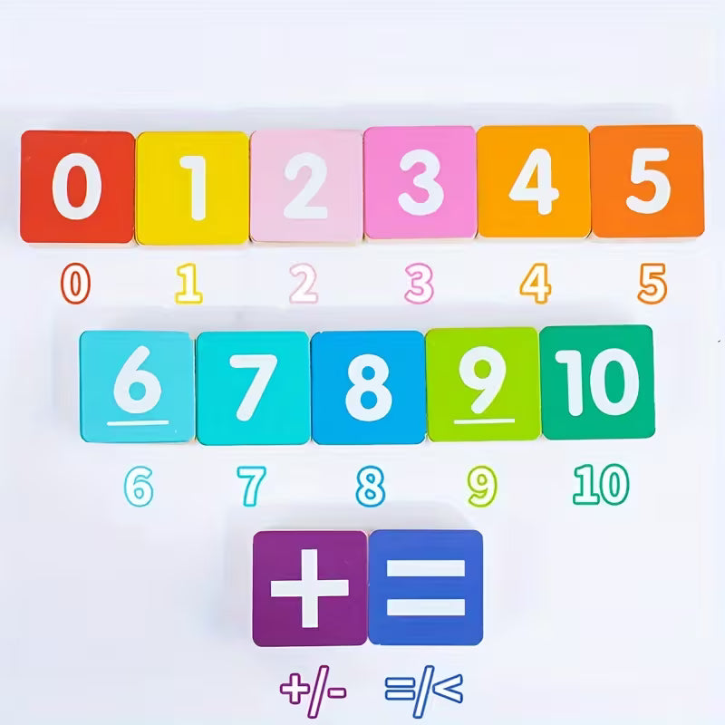 Colorful number blocks for early math learning. The set includes digits 0-10, math operation symbols (+, -, =, <), designed for kids to practice addition, subtraction, and number recognition. This fun and engaging educational toy promotes cognitive development and math skills for children aged 3-6. Perfect for hands-on learning at home or in the classroom.