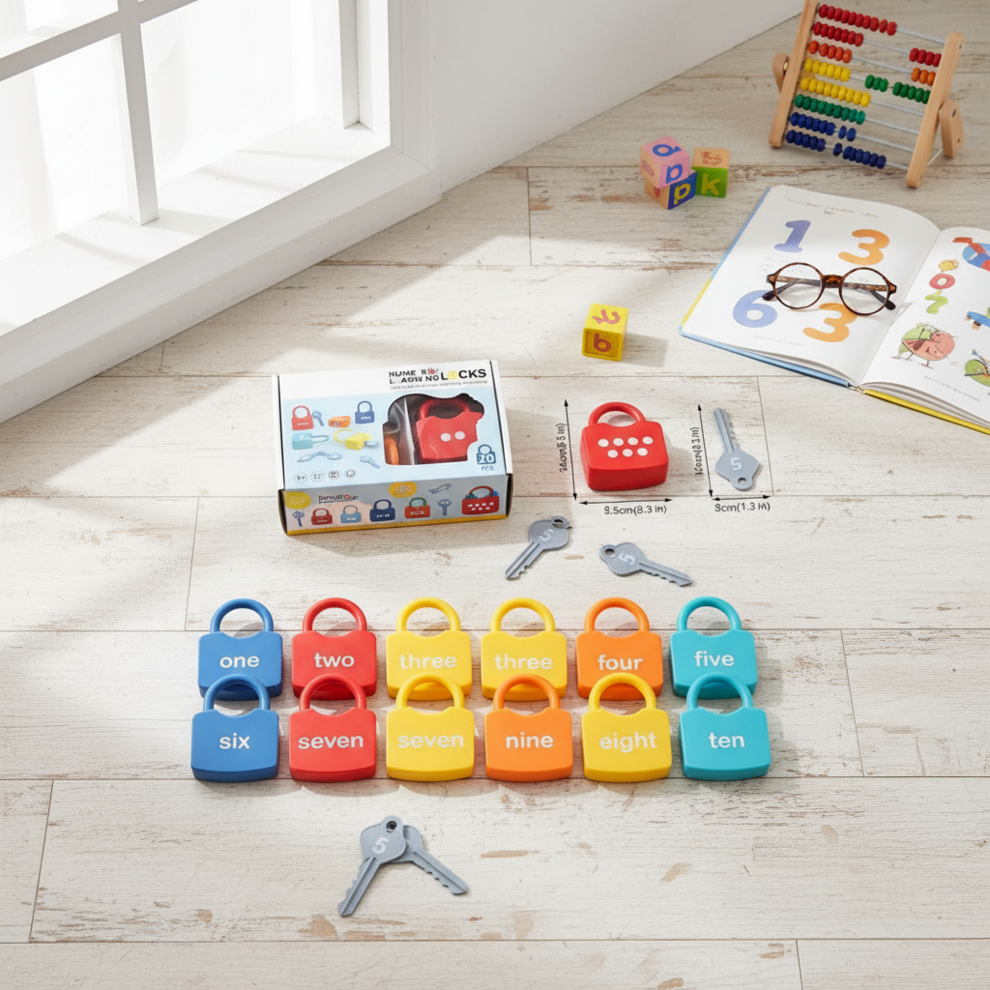 A vibrant, educational toy set featuring number learning locks and matching keys for preschoolers. The set includes colorful red, blue, yellow, and orange locks labeled with numbers 1-10, paired with matching keys to encourage learning through play. Perfect for toddlers aged 3-5 years, this engaging toy enhances number recognition, counting skills, and cognitive development in a playroom or classroom setting.