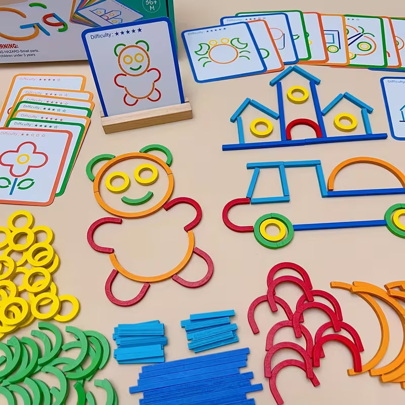 A colorful assortment of the Creative Sticks & Rings toy set showcasing various shapes and patterns. The image displays completed designs such as a panda, house, and car, created using colorful rings and sticks. The set includes difficulty cards with different skill levels and encourages kids to develop motor skills, problem-solving abilities, and shape recognition. This hands-on educational tool is perfect for children to enhance creativity while having fun with visual and tactile learning.