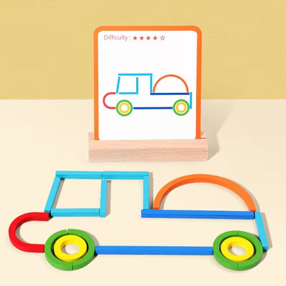 Creative Sticks & Rings educational toy set featuring a colorful motor vehicle made from rings and sticks. This hands-on toy encourages children to engage in building various shapes and objects like cars while improving motor skills and cognitive abilities. The difficulty-based learning cards with a car design help young learners master shapes and improve their construction skills. Perfect for enhancing creativity and problem-solving through educational play for kids aged 3+.