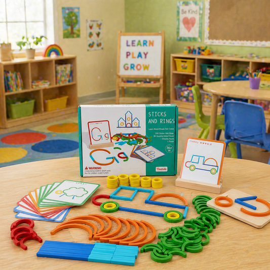 Creative Sticks & Rings Educational Toy for Kids, promoting motor skills, color recognition, and shape formation. Ideal for children to engage in fun, hands-on learning with colorful pieces for building and matching shapes. Perfect for early childhood education and interactive playtime.
