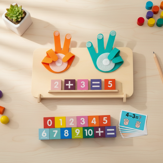 Finger Counting Math Board for kids, designed to help develop early math skills in addition and subtraction. Features colorful wooden blocks, number cards, and finger counting visuals, ideal for children aged 3-6 to practice basic math concepts in a fun, hands-on way.