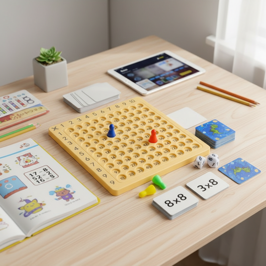 An interactive multiplication board game for children featuring colorful number tiles, dice, and educational cards. Perfect for developing math skills, this game encourages fun, hands-on learning with a practical design for home or classroom use. Ideal for kids ages 5 and up.