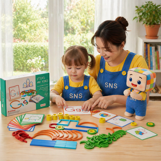 A mother and her child engaging in educational play with the Sticks and Rings activity set. The colorful set, which includes cards with letters like "G" and various colorful sticks and rings, helps children develop fine motor skills and learn letter formation. The child, wearing a cute SNS shirt, is excitedly arranging the pieces while the mother provides guidance. The activity encourages creativity and cognitive learning, making it a perfect tool for early education. The plush SNS character accompanies the