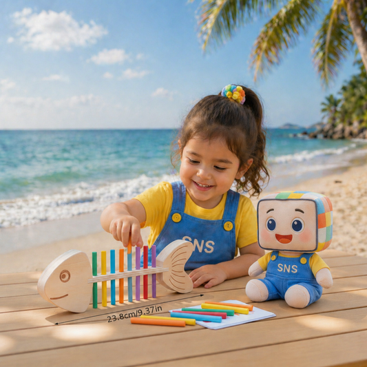 A joyful toddler playing with the Fish Counting Toy from Smart & Sweet Kids, set against a beach backdrop. The toy features colorful, interlocking rods arranged like a fish skeleton, designed to help children learn numbers and colors while improving hand-eye coordination and fine motor skills. The child is actively engaged in stacking the vibrant, rainbow-colored rods, with a cheerful plush SNS character by their side. Perfect for early childhood education, this interactive learning toy promotes cognitive d