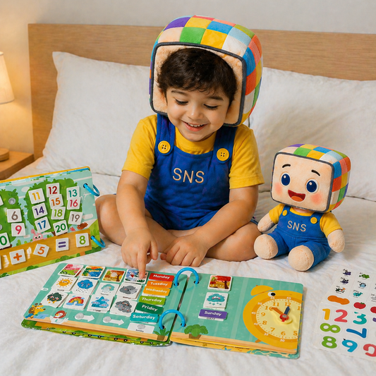 A happy toddler playing with an educational activity toy that includes a colorful calendar and a clock, designed to help children learn about numbers, days of the week, and time. The child, wearing a bright SNS shirt and smiling widely, interacts with the toy, which includes interactive elements like removable cards for days and numbers, alongside a cute plush SNS character. The vibrant, child-friendly design encourages learning through play, making it perfect for teaching young children about time, dates, 