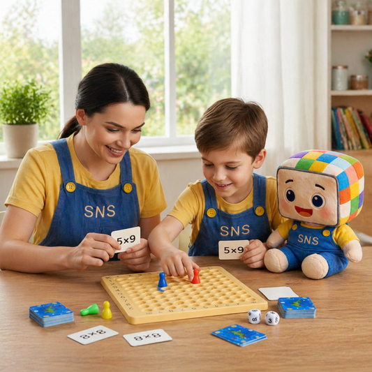 Montessori-inspired Multiplication Learning Game for Kids – A parent and child playing a hands-on multiplication board game. This educational toy helps children learn multiplication in a fun, interactive way. The game features colorful number cards and movable pieces, fostering early math skills while encouraging family interaction and teamwork. Ideal for children ages 5-7, this game promotes cognitive development, problem-solving, and cooperative learning in an engaging, supportive environment.
