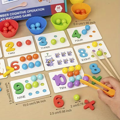 A hands-on educational wooden number counting and bead matching game for toddlers, showcasing numbered cards from 1 to 10, color-coded beads, and matching tools. This interactive learning toy features bright-colored bowls and tweezers to encourage counting, color sorting, and fine motor skill development. Perfect for preschoolers, the game helps children learn numbers, shapes, and simple math concepts in an engaging and fun way. Ideal for enhancing cognitive skills and providing a creative learning experien