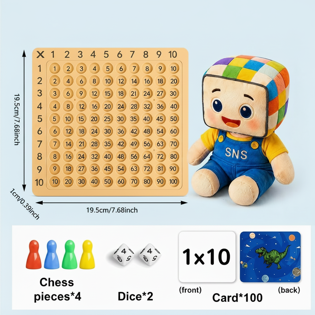Kids Educational Learning Toy Set – Interactive Math Learning Game with 100-number chart, dice, chess pieces, and educational cards. This set helps children practice counting, addition, and multiplication in an engaging way. Includes a 100-number grid, colorful chess pieces for hands-on learning, two dice, and 100 educational cards featuring animals and numbers. Designed to encourage number recognition, math skills, and interactive play for young learners, this educational toy set is perfect for home, schoo