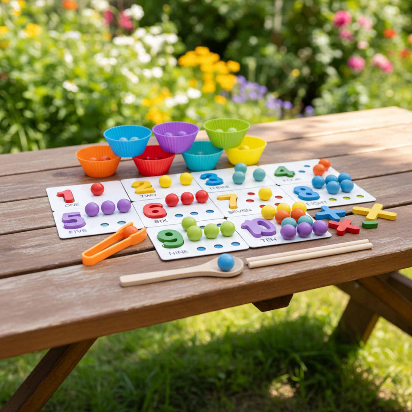 Wooden number counting and color matching game for kids, featuring colorful beads and number cards. Ideal for toddlers and preschoolers to develop math and fine motor skills in a fun, interactive way. Perfect for early childhood education and cognitive development.