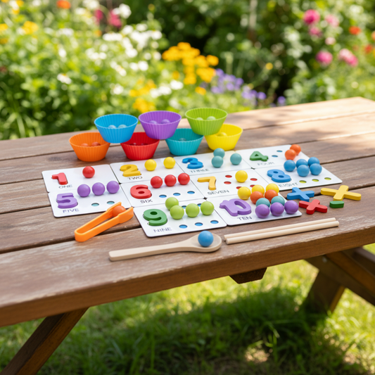 Wooden number counting and color matching game for kids, featuring colorful beads and number cards. Ideal for toddlers and preschoolers to develop math and fine motor skills in a fun, interactive way. Perfect for early childhood education and cognitive development.