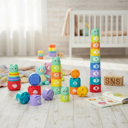 Colorful Montessori Stacking Cups for toddlers, featuring numbers and shapes. Ideal for fine motor skill development, color recognition, and cognitive growth. Includes multiple brightly colored pieces for interactive play, perfect for early childhood learning.