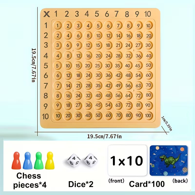 An interactive multiplication learning table game for kids featuring a wooden multiplication board with numbers 1 to 100. The set includes four colorful chess pieces, two dice, and a stack of educational cards. This educational toy promotes learning multiplication in a fun and engaging way, helping children develop math skills and cognitive abilities. Ideal for early learners and perfect for enhancing educational playtime.