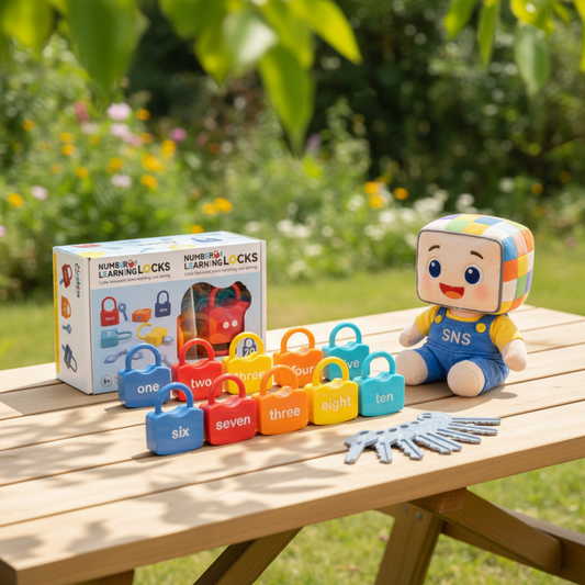 Children's Number Learning Locks and Key Set, an educational toy for preschoolers to learn counting, number recognition, and key matching. Includes 10 color-coded locks, each labeled with a number (1-10) and matching keys, promoting early cognitive skills and fun learning activities. Perfect for toddlers aged 3-5 years.