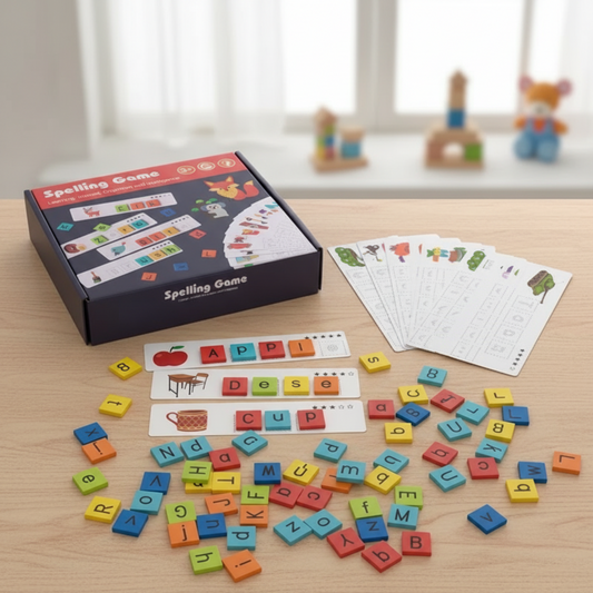Educational spelling game for kids featuring colorful letter tiles, word cards, and matching activities to enhance learning and cognitive skills.