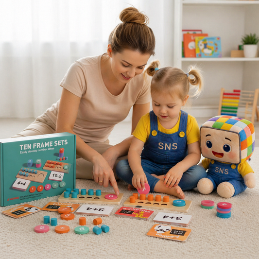 Interactive Ten Frame Sets Math Learning Toy for Kids – A mother and her child enjoying an educational moment together with the Ten Frame Sets. This toy is designed to teach addition and subtraction through hands-on play. Colorful number tiles and frames allow children to visually grasp basic math concepts while improving their number sense. Perfect for children aged 3-6, this engaging toy promotes early math skills, problem-solving abilities, and a deeper understanding of numbers. Ideal for homeschooling, 