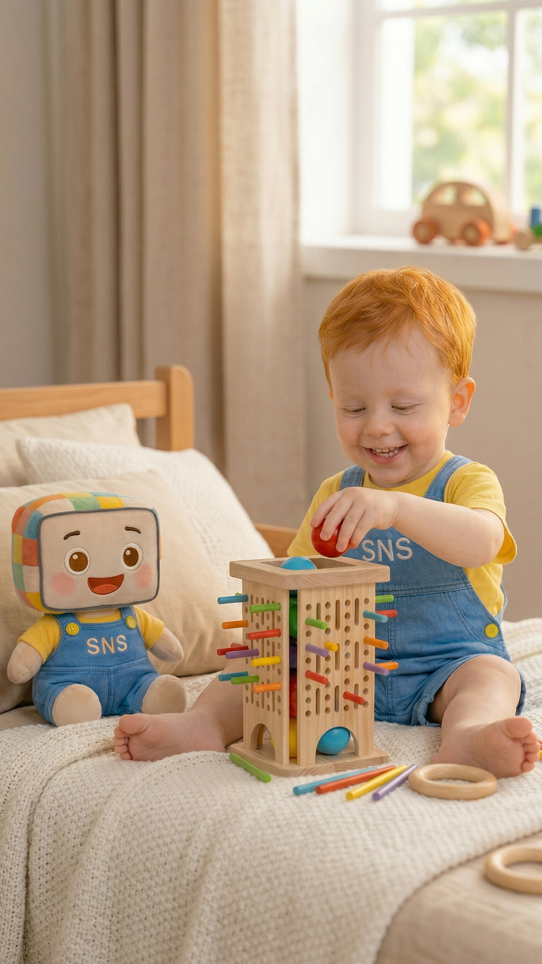A joyful toddler playing with a colorful interactive wooden stacking toy from Smart & Sweet Kids. The toy, designed to develop fine motor skills and hand-eye coordination, features colorful rods and a ball to be stacked and placed through the holes. The child, along with a plush SNS character, is enjoying the toy on a cozy bed, creating an engaging and educational experience. This playful activity promotes learning through play, perfect for developing early cognitive abilities in young children.