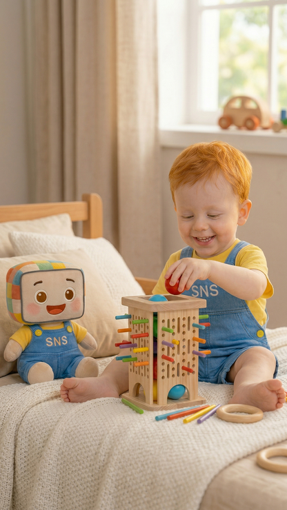 A joyful toddler playing with a colorful interactive wooden stacking toy from Smart & Sweet Kids. The toy, designed to develop fine motor skills and hand-eye coordination, features colorful rods and a ball to be stacked and placed through the holes. The child, along with a plush SNS character, is enjoying the toy on a cozy bed, creating an engaging and educational experience. This playful activity promotes learning through play, perfect for developing early cognitive abilities in young children.