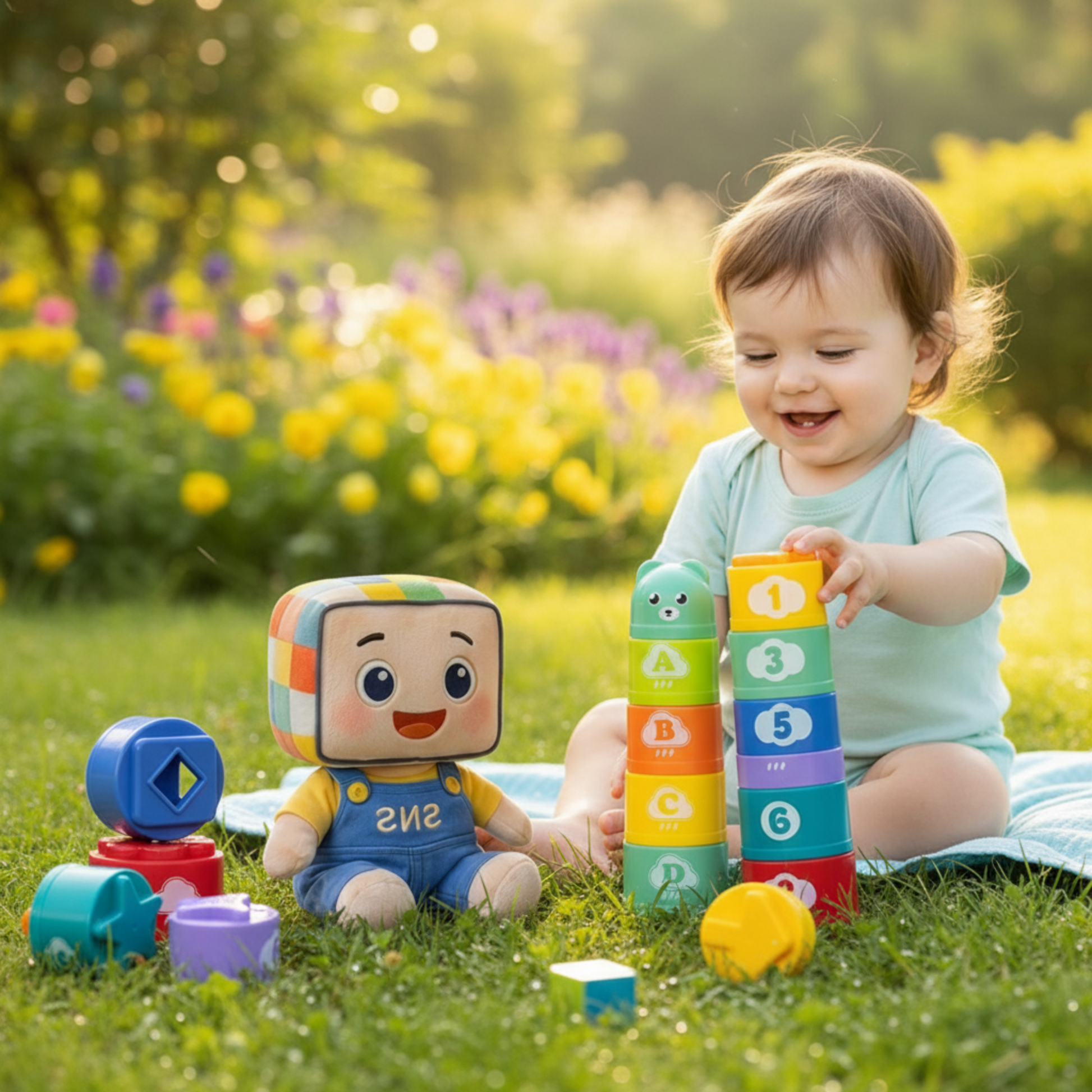 A toddler playing with a Montessori stacking cups set, featuring colorful numbered cups for learning. The child is happily stacking the cups with the help of a friendly educational toy character. This interactive learning activity promotes cognitive development, number recognition, and fine motor skills. Perfect for toddlers aged 1-3, it enhances hand-eye coordination and encourages early STEM learning through play.