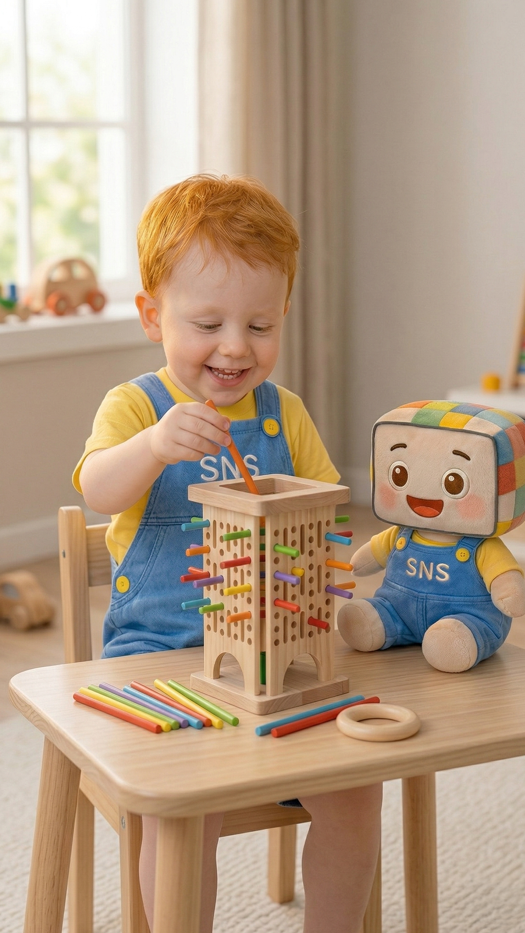 A toddler joyfully playing with the Wooden Parent-Child Interactive Stick Pulling Game. The child is engaged in a fun, educational activity that enhances motor skills, color recognition, and hand-eye coordination. The image showcases the wooden toy with vibrant colored sticks, ideal for early childhood development.