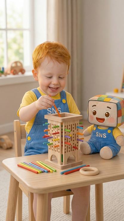 A toddler joyfully playing with the Wooden Parent-Child Interactive Stick Pulling Game. The child is engaged in a fun, educational activity that enhances motor skills, color recognition, and hand-eye coordination. The image showcases the wooden toy with vibrant colored sticks, ideal for early childhood development.