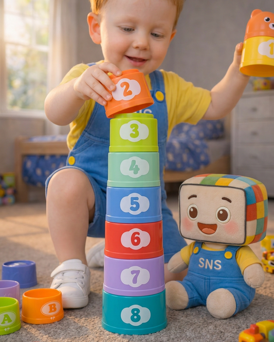 A smiling toddler stacking colorful number cups from the Smart & Sweet Kids collection. The cups are stacked in ascending order, from 1 to 8, promoting early number recognition and motor skills. With a plush SNS character by their side, the child enjoys a hands-on learning experience that encourages cognitive development and fine motor skills. This interactive educational toy is perfect for toddlers, making learning fun and engaging while enhancing their numerical and hand-eye coordination abilities. Ideal 