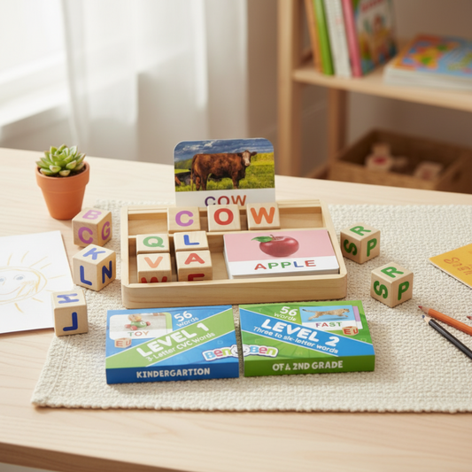 A wooden educational spelling game featuring colorful letter blocks and animal cards, with blocks spelling "COW" and "APPLE" displayed on a table.