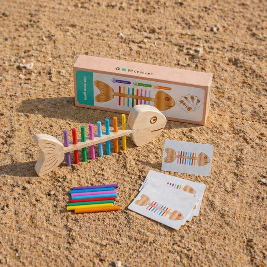 Montessori Wooden Fish Bone Sorting Puzzle with colorful rods for color recognition and motor skills development. Includes educational activity cards for learning.