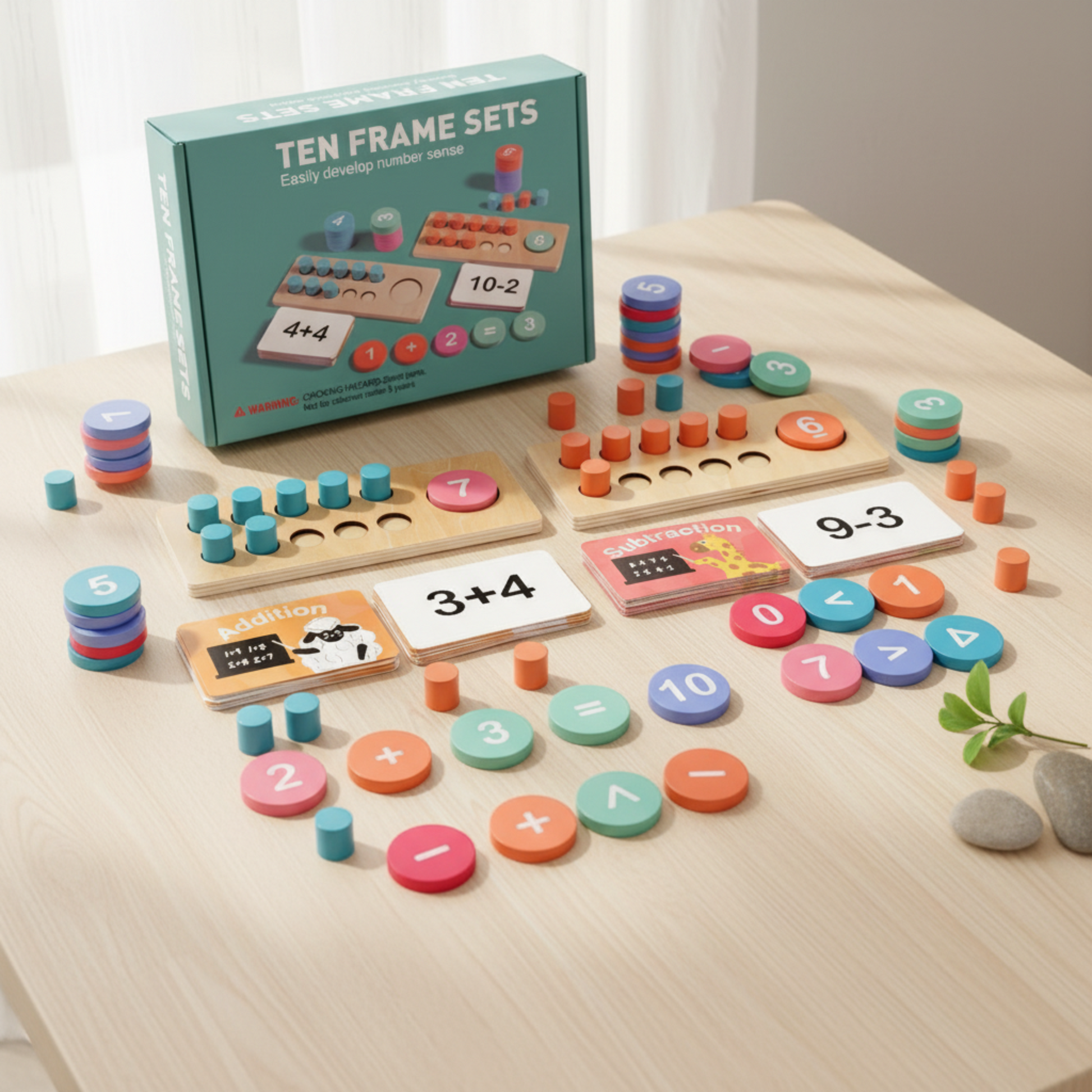 A colorful wooden math set for children, featuring ten frame sets, numbered chips, addition and subtraction flashcards, and math symbols. This educational toy is designed to help young learners develop math skills and number sense, perfect for early childhood learning and interactive math practice.