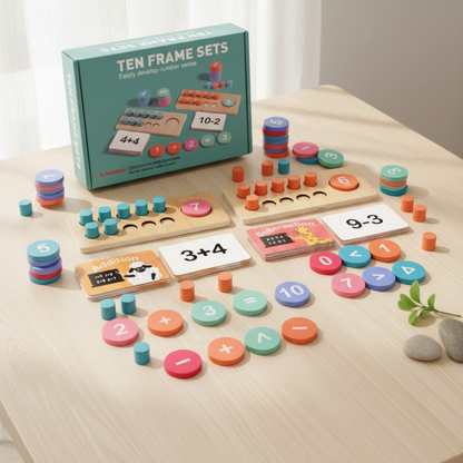 A colorful wooden math set for children, featuring ten frame sets, numbered chips, addition and subtraction flashcards, and math symbols. This educational toy is designed to help young learners develop math skills and number sense, perfect for early childhood learning and interactive math practice.