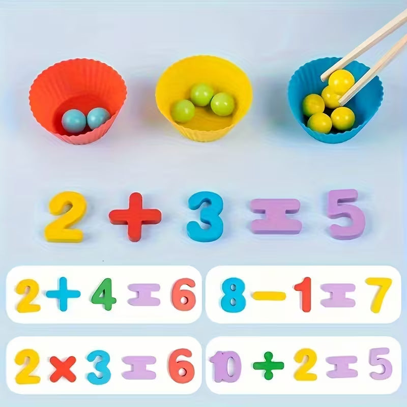 A hands-on wooden educational toy featuring numbered cards and colorful bowls with beads, designed to help children learn basic math operations such as addition, subtraction, and multiplication. The image shows children practicing simple equations like 2 + 3 = 5, 2 + 4 = 6, and 2 x 3 = 6, using colorful plastic beads and tweezers for an interactive learning experience. This math toy enhances early cognitive skills, number recognition, and fine motor skills, making learning math fun and engaging for preschoo
