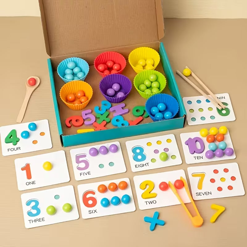 An educational wooden number counting and bead matching game for toddlers, featuring colorful numbered cards and matching beads. The game includes number cards from 1 to 10, plastic bowls for sorting, and colorful beads to aid in counting and fine motor skills development. This early learning toy is ideal for preschoolers and promotes cognitive skills, number recognition, and color matching. The setup includes vibrant educational tools to make learning numbers and basic math fun and interactive.