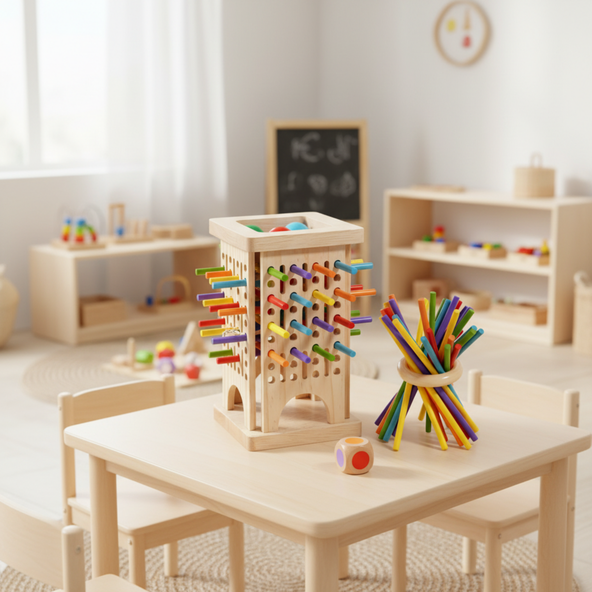 Wooden interactive stick-pulling game for toddlers, designed to enhance motor skills, color recognition, and hand-eye coordination. The toy features colorful sticks arranged in a tower, perfect for parent-child interaction and early childhood development. Ideal for enhancing focus and cognitive skills while engaging in fun, educational play.